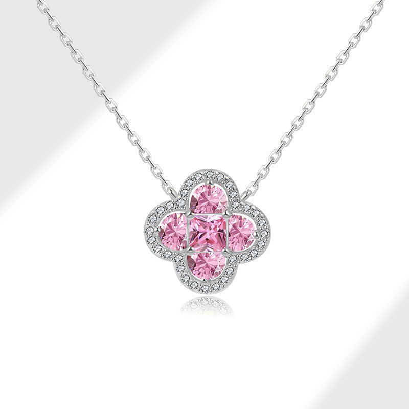 Collier Trèfle Grace - Argent Sterling S925, Plaqué Rhodium, Zircon Rose