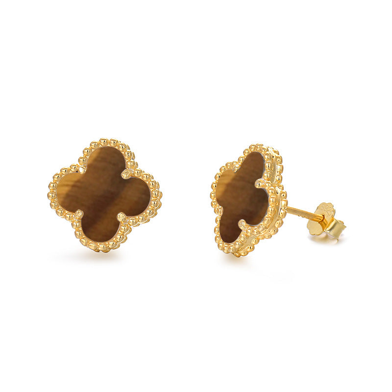 Puces d'oreilles Terra Clover - Argent sterling S925, Plaqué or 18 carats, Œil de tigre