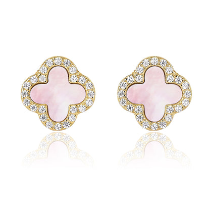 Mini Clover Studs- S925 Sterling Silver, 18K Gold Plated, Pink Mother Of Pearl