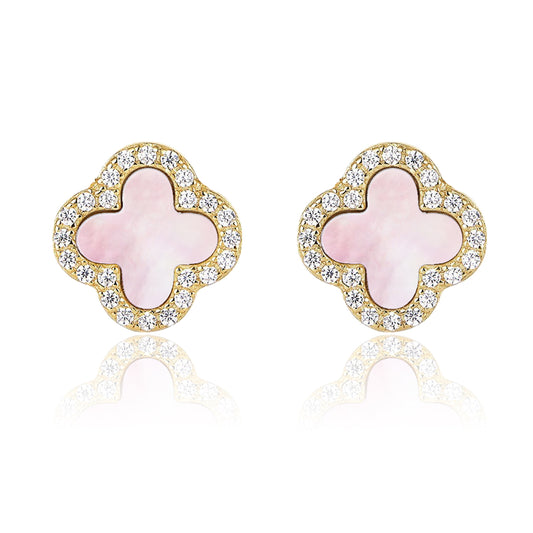 Mini Clover Studs- S925 Sterling Silver, 18K Gold Plated, Pink Mother Of Pearl