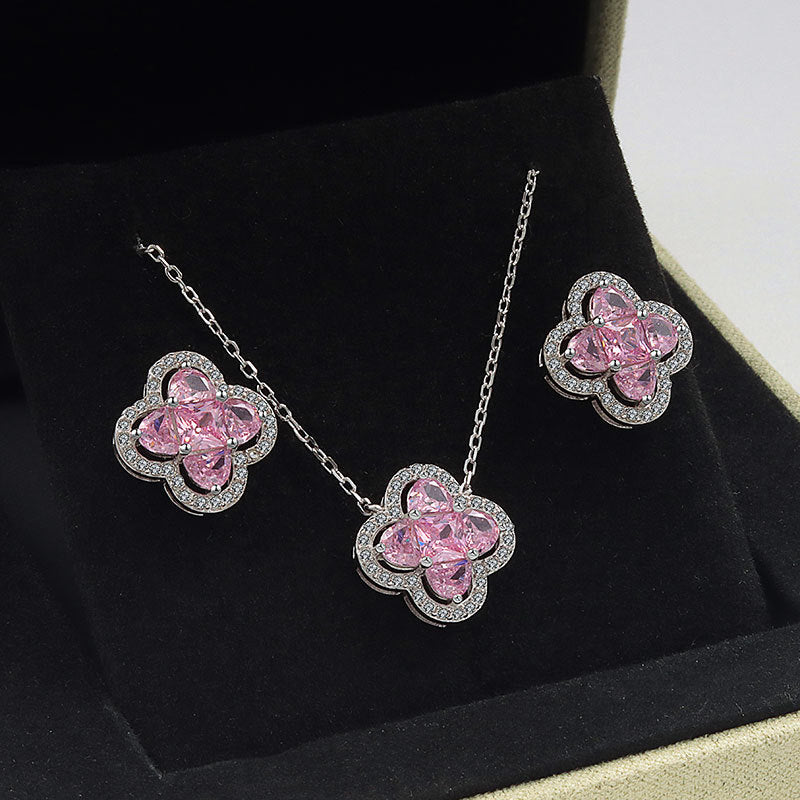 Collier Trèfle Grace - Argent Sterling S925, Plaqué Rhodium, Zircon Rose