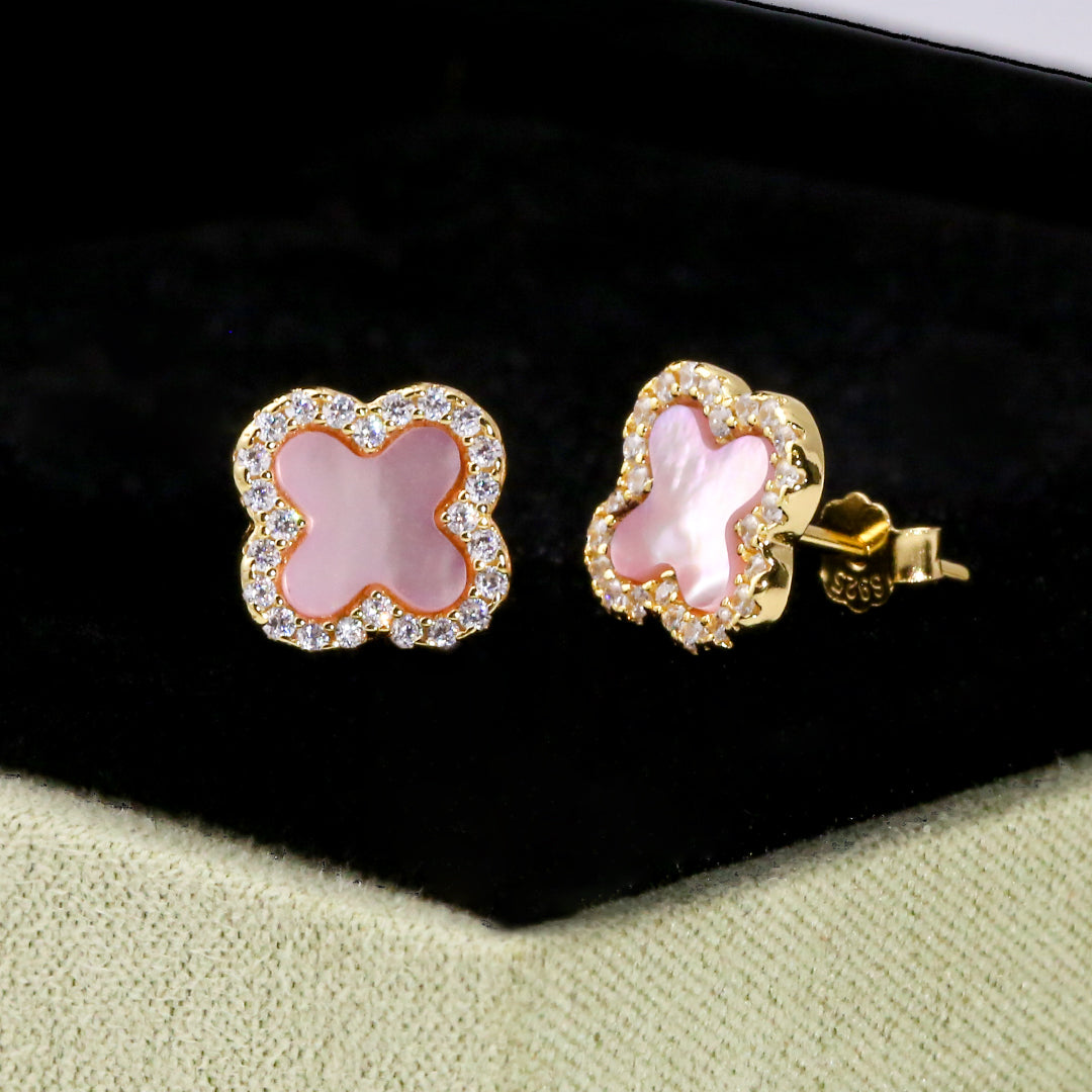 Mini Clover Studs- S925 Sterling Silver, 18K Gold Plated, Pink Mother Of Pearl