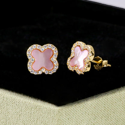 Mini Clover Studs- S925 Sterling Silver, 18K Gold Plated, Pink Mother Of Pearl