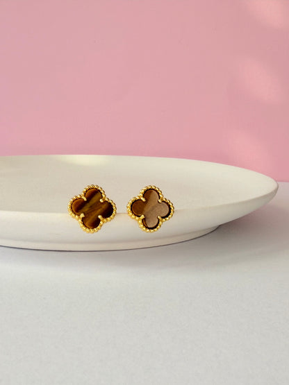 Puces d'oreilles Terra Clover - Argent sterling S925, Plaqué or 18 carats, Œil de tigre