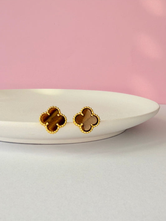 Terra Clover Studs- S925 Sterling Silver, 18K Gold Plated, Tiger's Eye