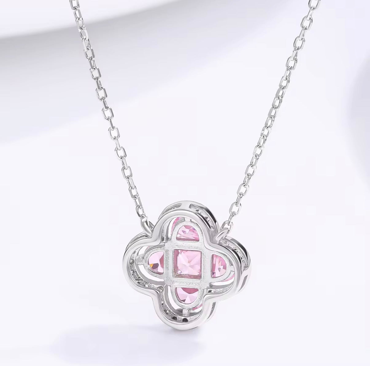 Collier Trèfle Grace - Argent Sterling S925, Plaqué Rhodium, Zircon Rose