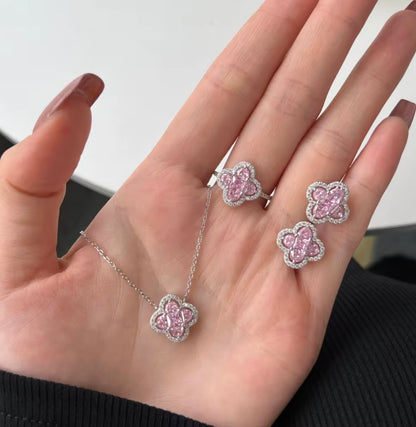 Collier Trèfle Grace - Argent Sterling S925, Plaqué Rhodium, Zircon Rose