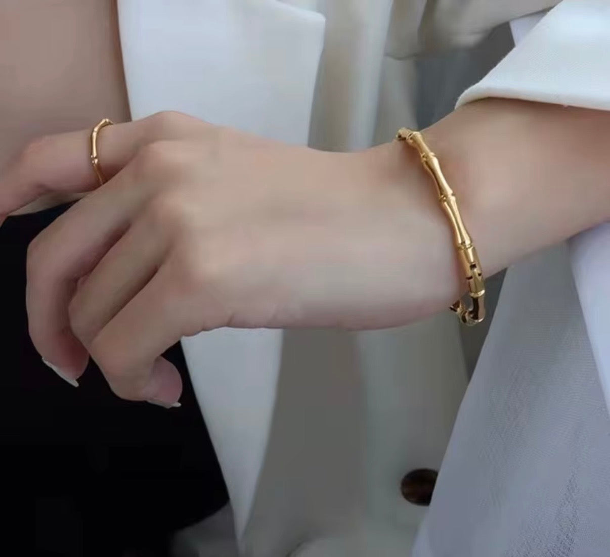 Bracelet jonc de luxe en bambou – Acier inoxydable, plaqué or 18 carats