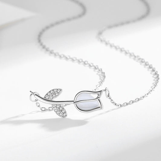 Tulip Necklace- S925 Sterling Silver, Rhodium Plated